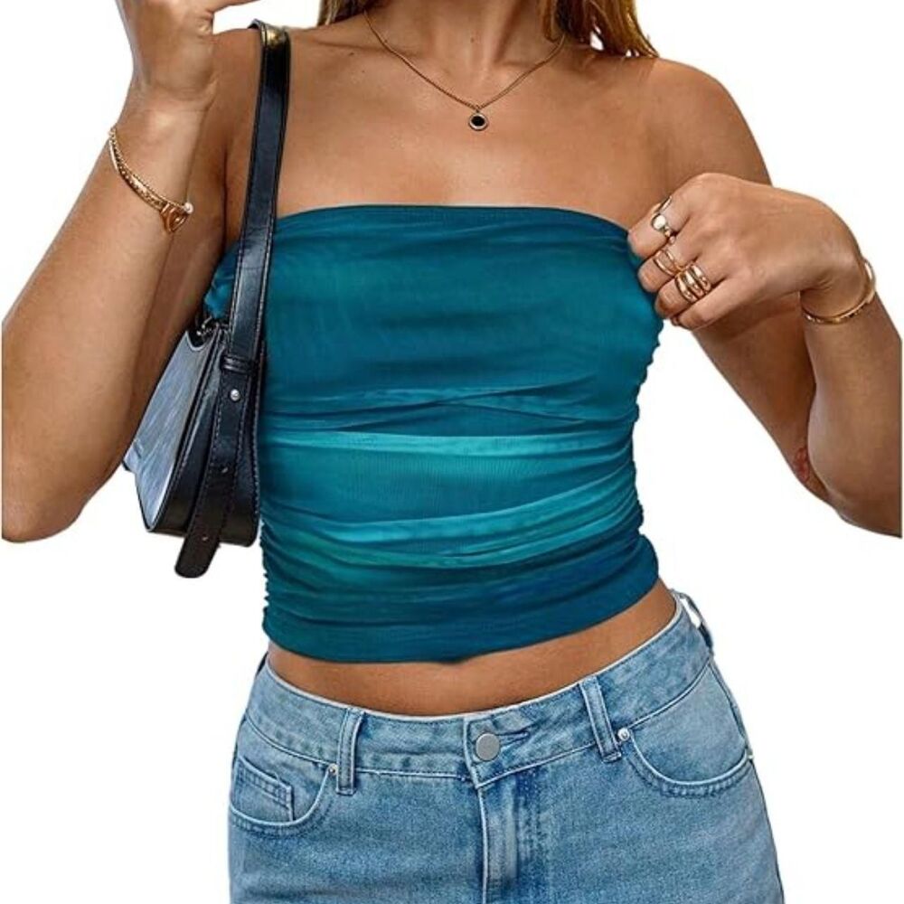 Y2K Mesh Strapless Bandeau Crop Top Ruched Going Out Festival Party Tube Top